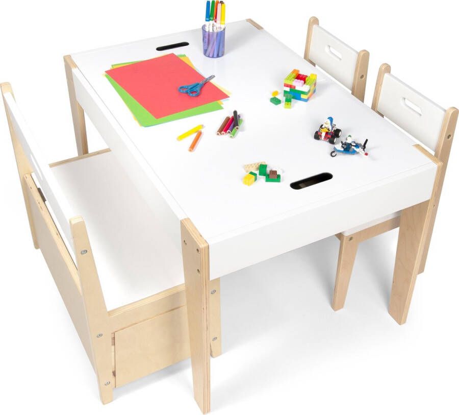 Beboonz Kindertafel en stoeltjes mét kinderbankje – Kindertafel met opbergruimte 2 kinderstoeltjes en kinderbankje met opbergruimte- Multifunctioneel: spelen opbergen omkeerbaar werkblad extra zitgedeelte speelhoek- Storage compleet