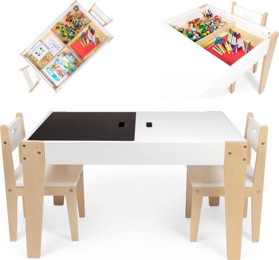 Beboonz Kindertafel Met 2 Stoelen Speeltafel Kinderbureau Tekentafel Hout Bruin Wit Met Opbergruimte