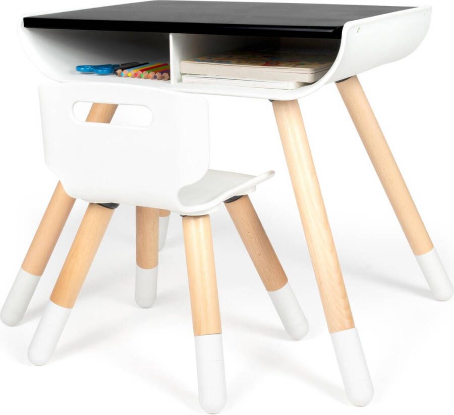 Beboonz Kindertafel met stoeltje – 1 tafeltje met stoel voor kinderen – Zwart Wit met hout- Speeltafel kleurtafel knutseltafel tekentafel zitgroep set- Junior