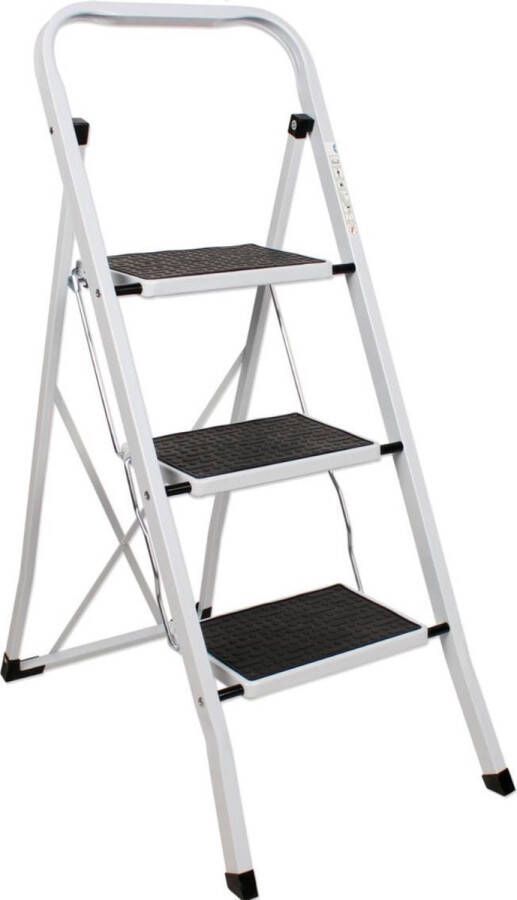 Beconfident stevige Huishoudtrap Keukentrap 3 Treden Metalen Huishoudladder Inklapbaar Trapladder Opvouwbaar Anti-Slip