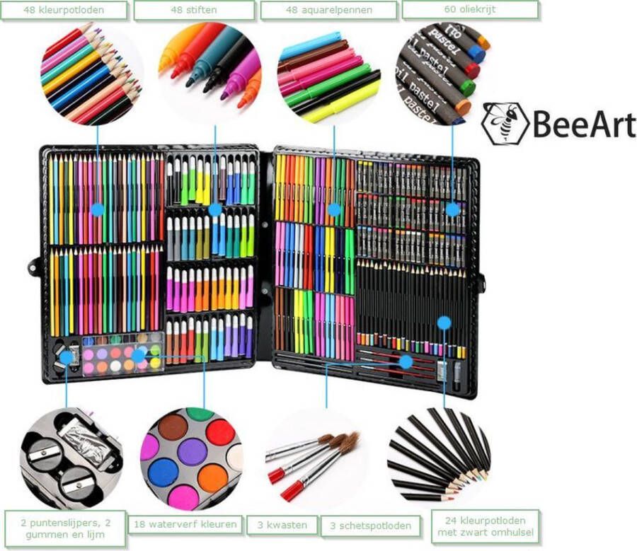 BeeArt 258 delige tekenset incl. kleurpotloden aquarelpennen gekleurde pennen oliekrijt puntenslijper borstels etc.
