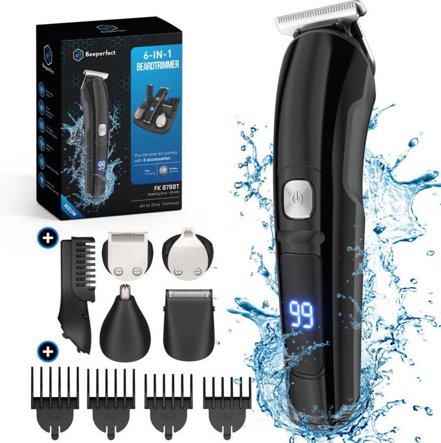 Beeperfect 6-in-1 Baardtrimmer Mannen 6 Verwisselbare Opzetstukken Trimmer Baard en Lichaam Bodygroomer Neus en Oortrimmer Waterproof