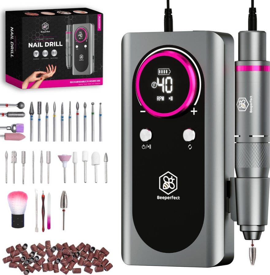 Beeperfect Elektrische Nagelvijl Pocket Edition Nagelfrees Manicure en pedicure set Draadloos 6000MaH Accu Inclusief 26 bitjes 60 schuurrolletjes en 5 accessoires 40.000RPM
