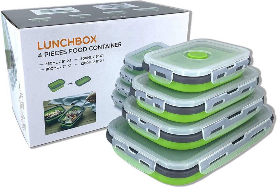 Beeptrum Opvouwbare siliconen voedselopslagcontainer met deksel draagbare lunch bento box outdoor picknickdoos ruimtebesparend magnetron vaatwasser en vriezer set van 4 (groen)