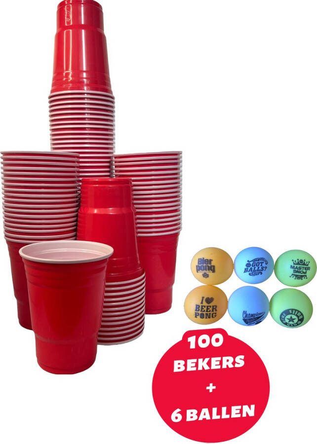 Beer pong league Beerpong bekers 100 stuks en 6 ballen Bierpong American cups 550 ml red cups