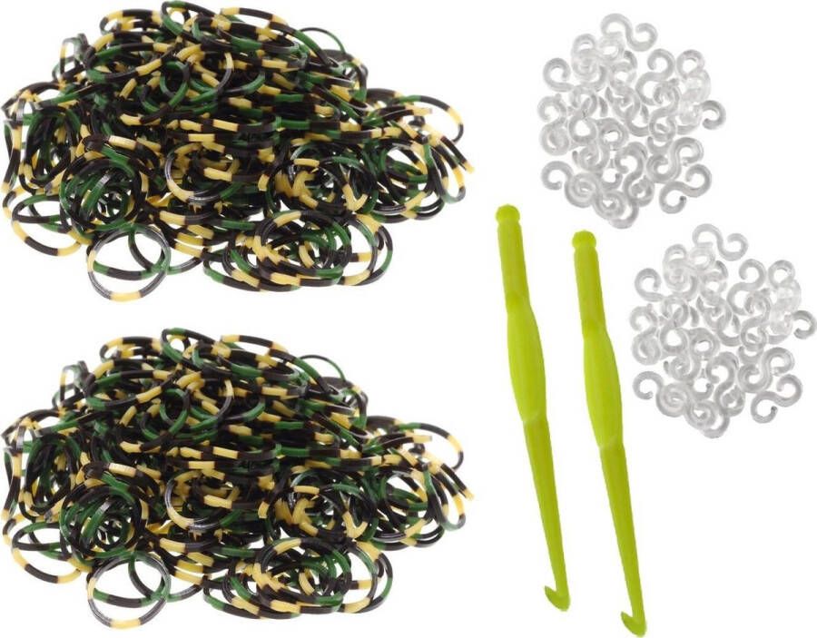 Behave 600 loom elastiekjes camouflage leger army kleur zwart-groen-beige met weefhaken en S-clips voor eindeloos speelplezier met deze loombandjes