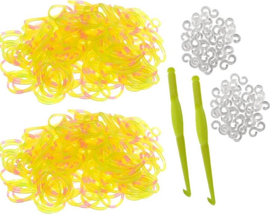 Behave 600 Loom elastiekjes loombandjes in geel fuchsia kleur met weefhaken en S-clips