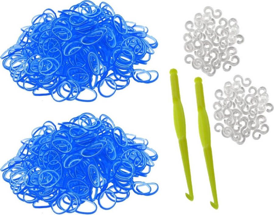 Behave 600 Loom elastiekjes loombandjes licht blauw – wit met weefhaken en S-clips