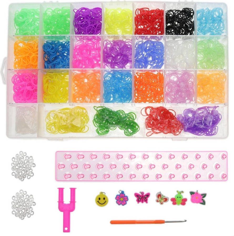 Behave Loombandjes Starterspakket Box Koffer met 2000 Loom Elastiekjes + 500 Extra geur elastiekjes + Stevig Roze Loombord + Loom Haaknaald + Y-loop en S-clips