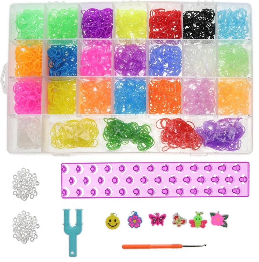 Behave Loombandjes Starterspakket Box Koffer met 2000 Loom Elastiekjes + 500 Extra geur elastiekjes + Stevig Paars Loombord + Loom Haaknaald + Y-loop en S-clips
