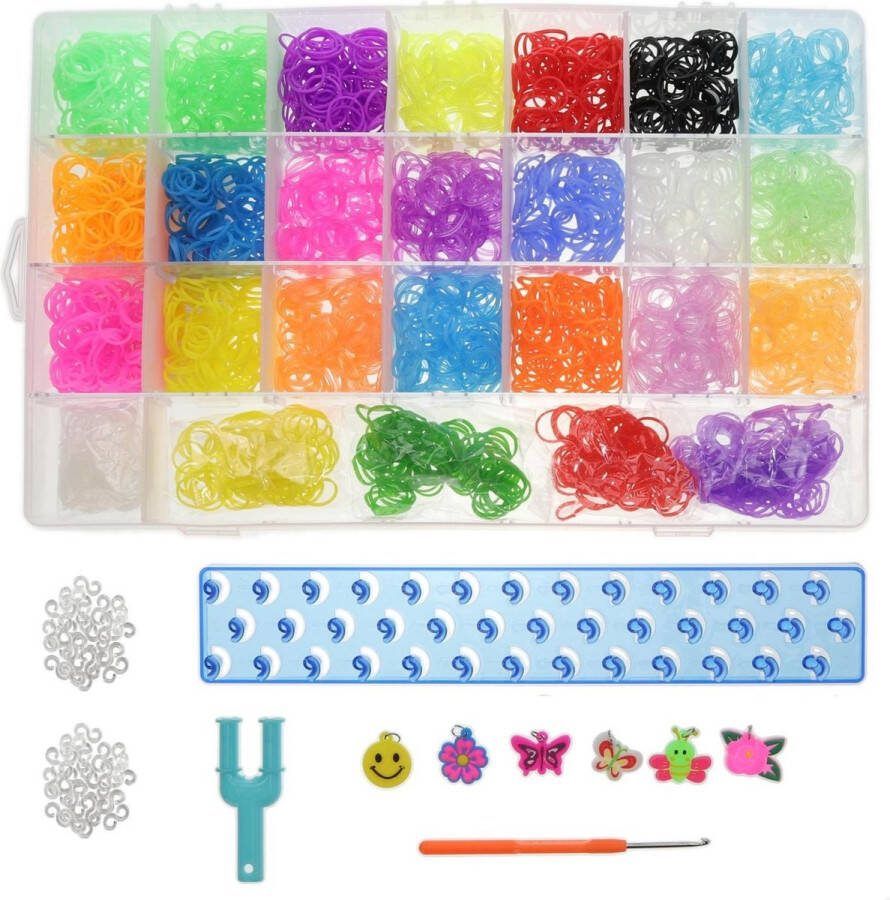 Behave Loombandjes Starterspakket Box Koffer met 2000 Loom Elastiekjes + 500 Extra geur elastiekjes + Stevig Blauw Loombord + Loom Haaknaald + Y-loop en S-clips