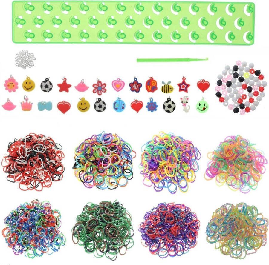 Behave Loombandjes Starterspakket met 2000 Loom Elastiekjes + 24 Hangertjes + 60 kraaltjes + Loom Haaknaald + Groen Loombord + S-clips