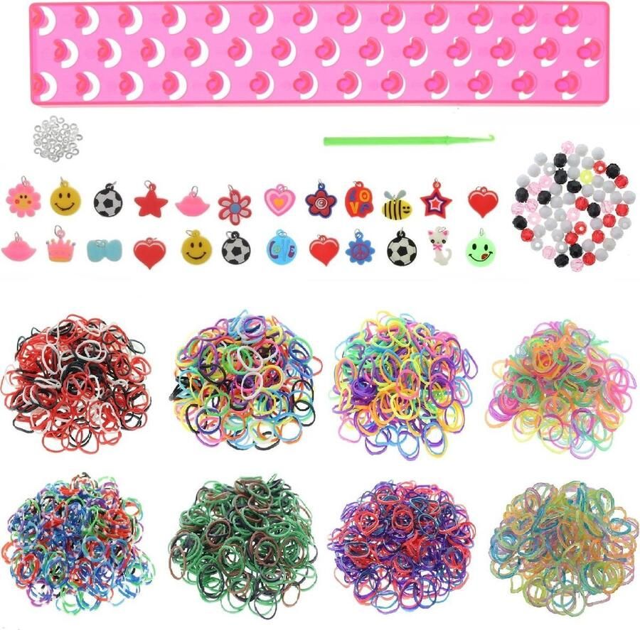 Behave Loombandjes Starterspakket met 2000 Loom Elastiekjes + 24 Hangertjes + 60 kraaltjes + Loom Haaknaald + Fuchsia Loombord + S-clips
