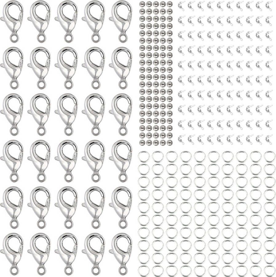 Behave Sieraden Onderdelen Pakket Hobbypakket Sieraden Maken Karrabijnhaken Springringen Knijpkralen Zilverkleur RVS