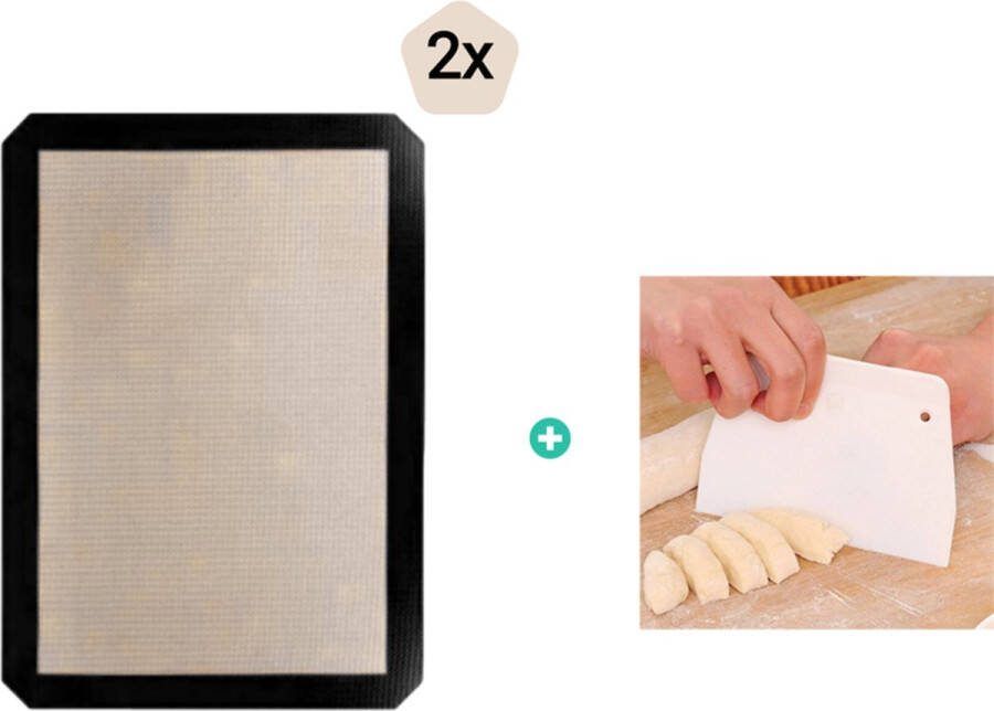 Beige Setje van twee siliconen bakmatten Inclusief deegschraper – Deegmat Ovenmat Patisseriemat 30 x 40 cm – Onderhoudsvriendelijk – Herbruikbaar Hittebestendig tot 250°C – met zwarte rand Vaatwasbestendig