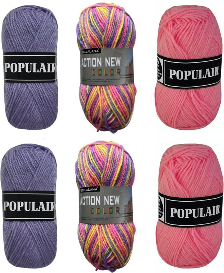 Beijer BV De hobbyvlinder Beijer BV Acryl haakgaren pakket 6 bollen pastel roze en lila