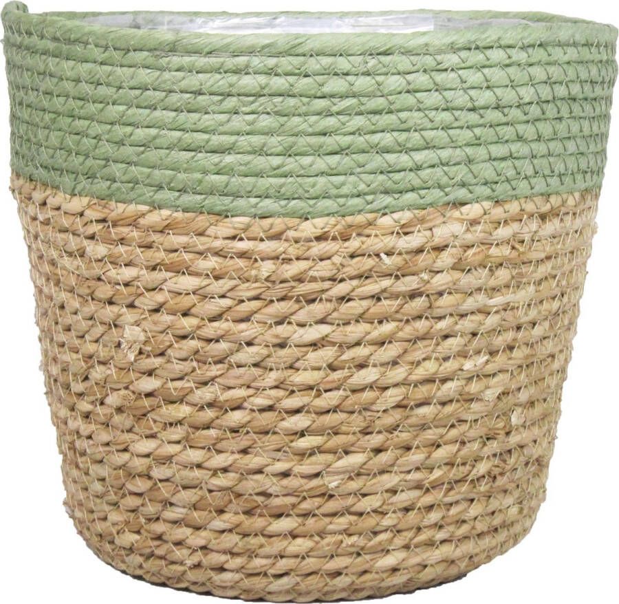 Bela Arte Naturel groen rotan planten bloemen pot mand van gedraaid jute riet zeegras H14 en D17.5 cm Met plastic binnenkant