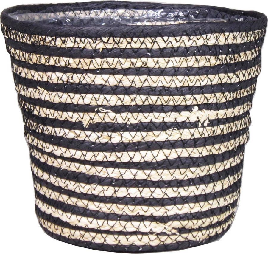 Bela Arte Naturel zwart rotan planten bloemen pot mand van gedraaid jute riet zeegras H14 en D17.5 cm Met plastic binnenkant