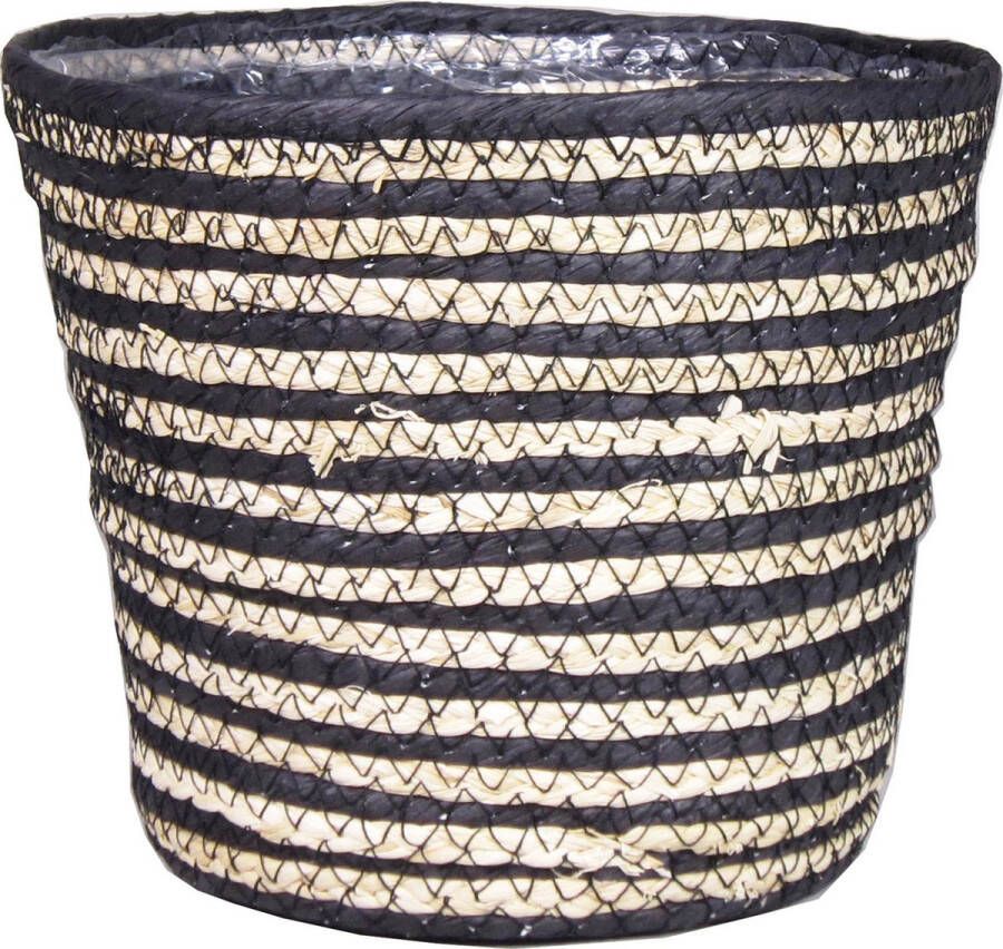 Bela Arte Naturel zwart rotan planten bloemen pot mand van gedraaid jute riet zeegras H13 en D16 cm Met plastic binnenkant