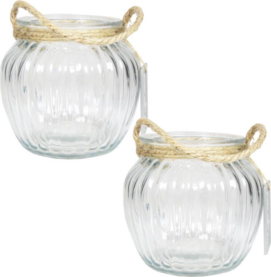 Bela Arte Set van 2x stuks glazen ronde vaas vazen Ribbel 2 liter met touw hengsel handvat 15 x 14 5 cm 2000 ml Bloemenvazen van glas