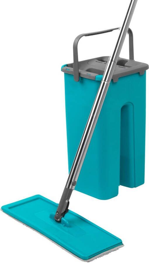 Beldray Space Saving Flat Head Microfibre Mop and Bucket Set Built-In Wringer & Dirt-Removing Scraper Compact For An Easy Storage Solution Turquoise Grey 19 x 16 x 34.5cm