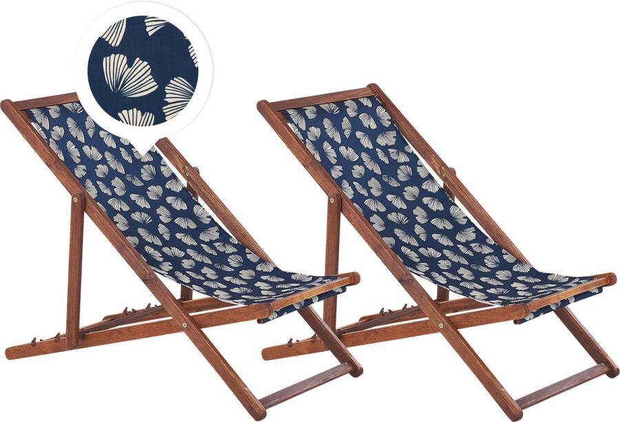 Beliani ANZIO Strandstoel set van 2 Donkerhout Bloemen Blauw Polyester