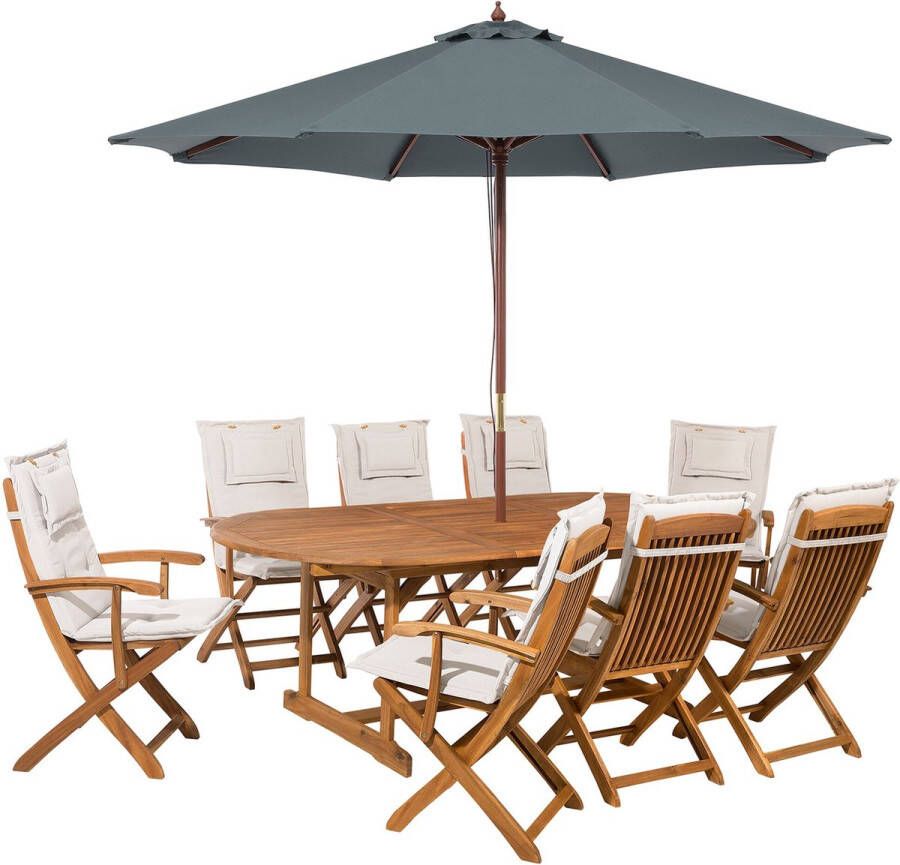 Beliani MAUI Tuinset voor 8 met parasol Beige Acaciahout