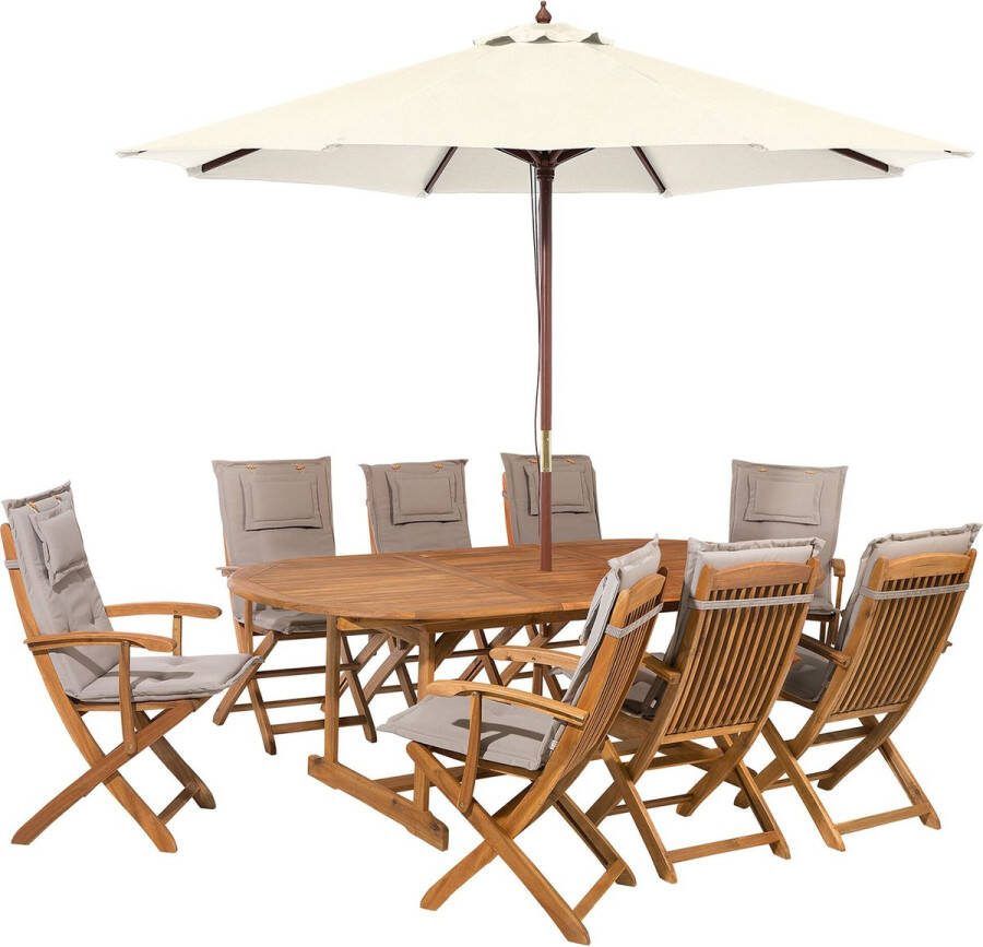 Beliani MAUI Tuinset voor 8 met parasol Grijs Beige Acaciahout