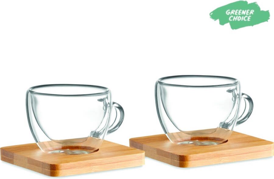 Belize Espresso kopjes Espresso set dubbelwandige espresso glaasjes Bamboe onderzetter set van 2