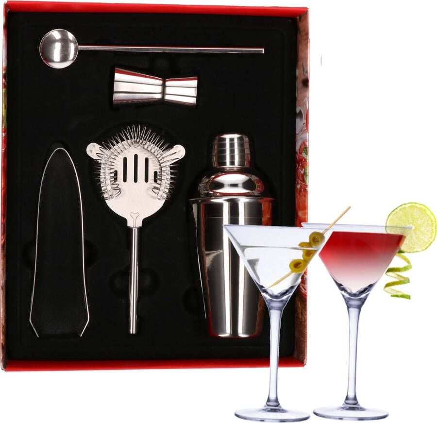 Bell Cocktailshaker set RVS 5-delig inclusief 4x cocktail martini glazen 220 ml Cocktailshakers