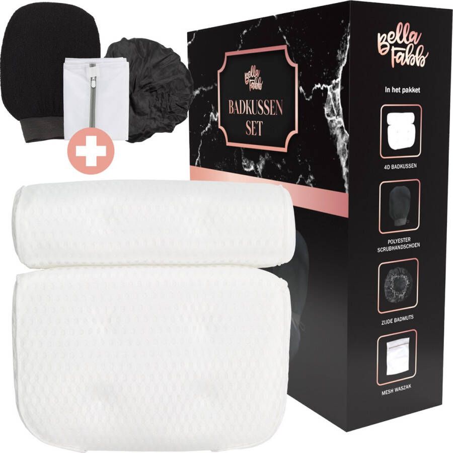 Bella Fabb Badkussen Set + Scrubhandschoen + Waszak + Badmuts Badkussen Badkussens voor in bad Nekkussen bad Hoofdsteun bad Neksteun bad Badkussen met zuignappen Hoofdkussen Black Friday 2023