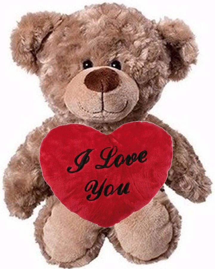 Bell Valentijn Love cadeau set Knuffelbeer met rood Love you hartje 10 cm Knuffelberen