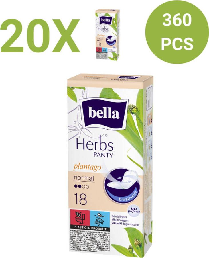 Bella Herbs Inlegkruisje Plantago Normaal (18 stuks in 1 pak) pak van 20 Kruid Plantago Ademend Geen Parfum Hoogwaardige kwaliteit Voordeelverpakking 360 stucks