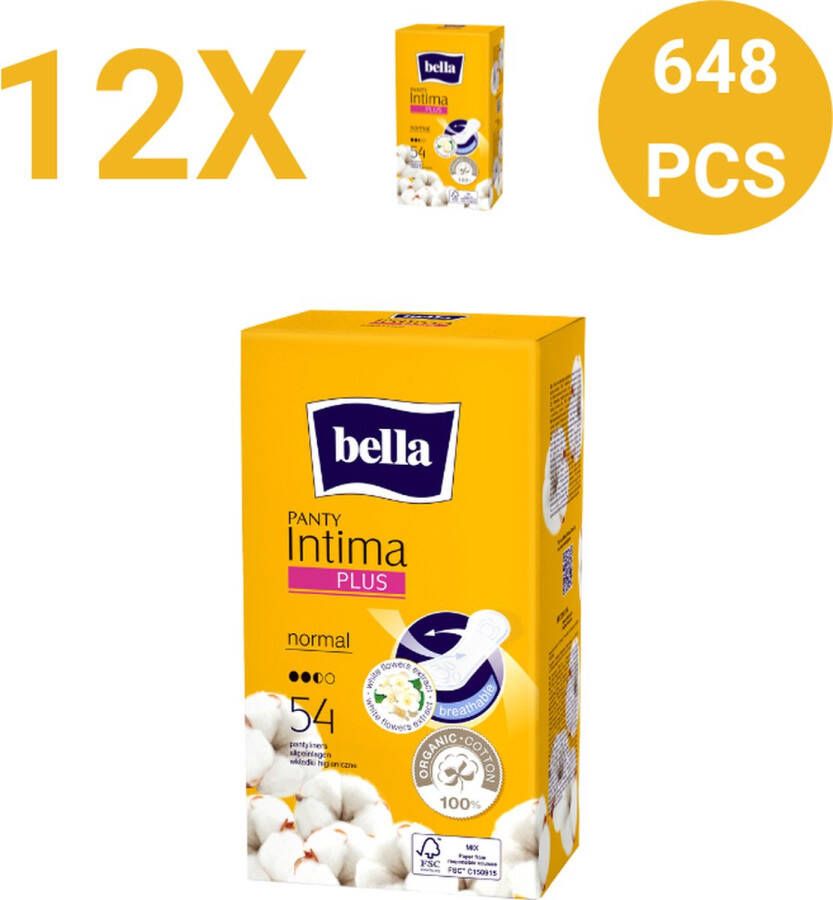 Bella Inlegkruisje Intima Plus Normaal (54 stuks per pak) pak van 12 ultradunne inlegkruisjes 100% natuurlijk katoen Dermatologisch getest waardepakketten Voordeelverpakking 648 stucks