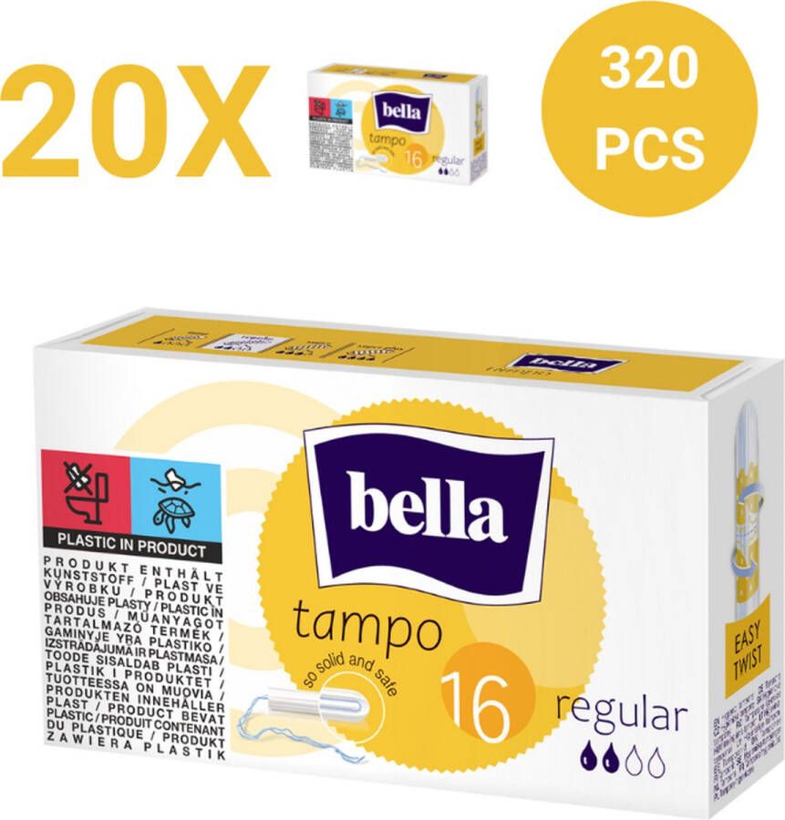 Bella Tampo Regular (16 stuks per verpakking) pak van 20 Tampons zonder applicator veilig touwtje waarde pakket Voordeelverpakking 320stucks