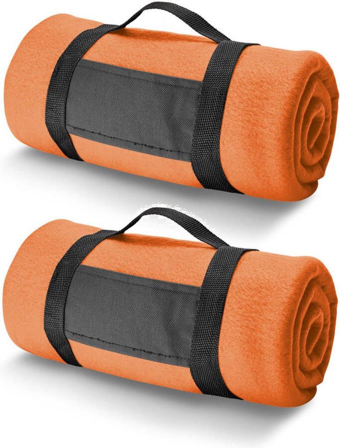 Bellatio Design 2x Fleece dekens plaids oranje met afneembaar handvat 150 x 120 cm Fleecedekens Woonaccessoires