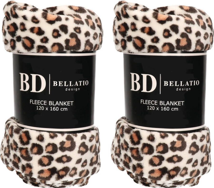 Bellatio Design 2x Fleece plaid deken kleedje luipaard print 120 x 160 cm Zeer zachte coral fluffy teddy fleece Warme plaids dekens
