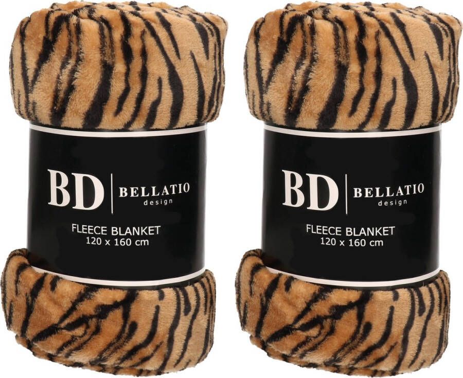 Bellatio Design 2x Fleece plaid deken kleedje tijger print 120 x 160 cm Zeer zachte coral fluffy teddy fleece Warme plaids dekens