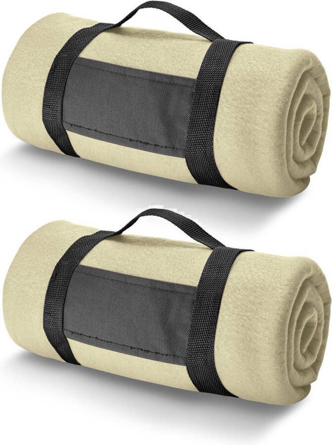 Bellatio Design 3x Fleece dekens plaids zandkleurig met afneembaar handvat 150 x 120 cm Fleecedekens Woonaccessoires