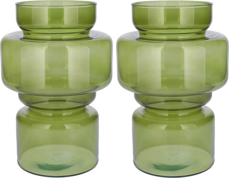 Bellatio Design Bloemenvaas 2x groen transparant gerecycled glas D17 x H25 cm Vazen