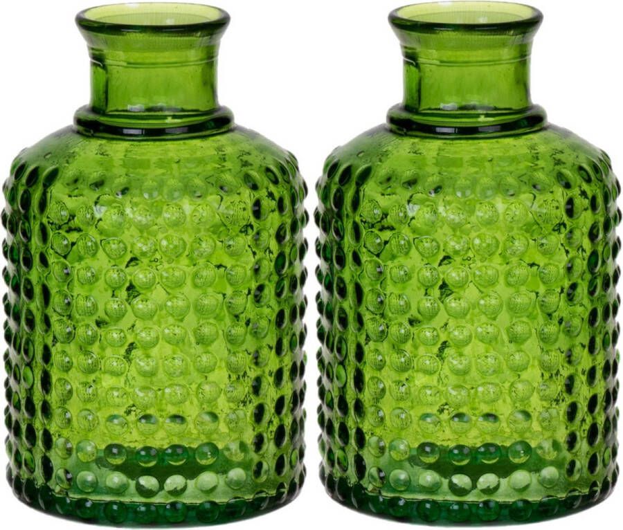 Bellatio Design Bloemenvaas 2x groen relief transparant glas D12 x H20 cm Vazen