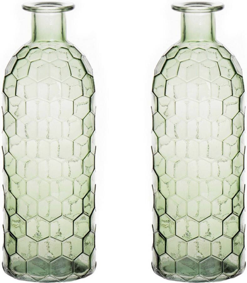 Bellatio Design Bloemenvaas 2x groen transparant glas honingraat D7 x H20 cm vaas