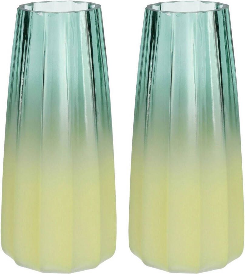 Bellatio Design Bloemenvaas 2x groen geel glas D10 x H21 cm Vazen