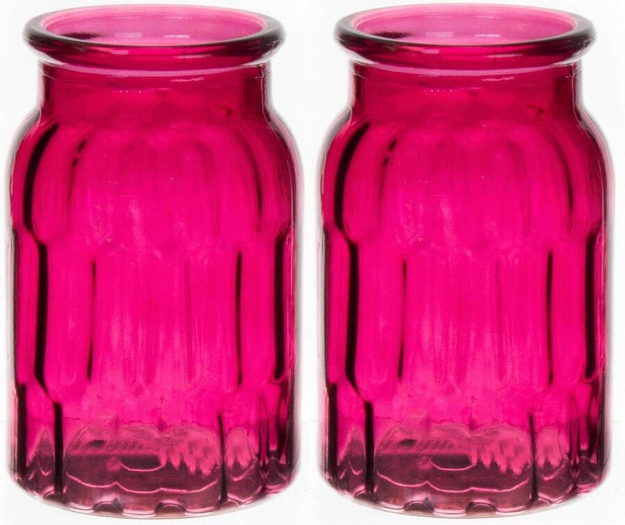 Bellatio Design Bloemenvaas set van 2x fuchsia roze transparant glas D12 x H18 cm vaas