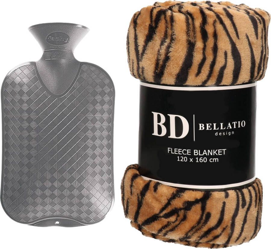 Bellatio Design Fleece deken plaid Tijger 120 x 160 cm en een warmwater kruik 2 liter Plaids