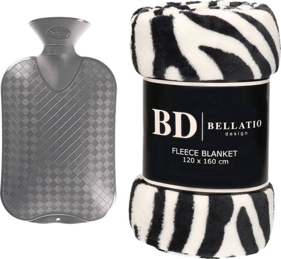 Bellatio Design Fleece deken plaid Zebra 120 x 160 cm en een warmwater kruik 2 liter Plaids