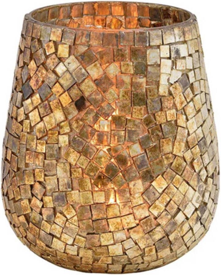 Bellatio Design Glazen design windlicht kaarsenhouder in de kleur mozaiek champagne goud met formaat 15 x 13 cm. Voor waxinelichtjes
