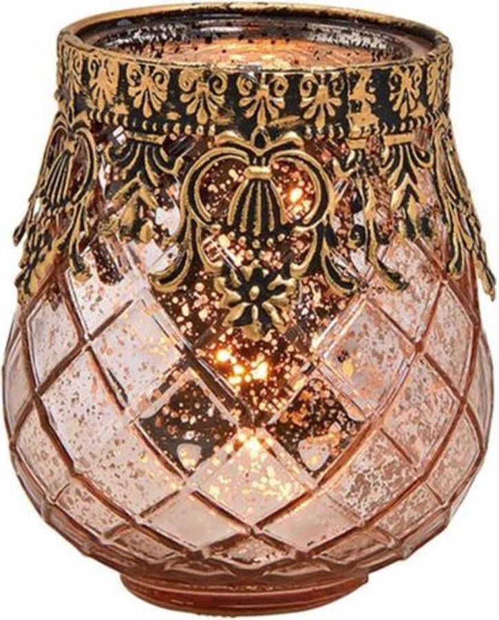 Bellatio Design Glazen design windlicht kaarsenhouder in de kleur rose goud met formaat 9 x 10 x 9 cm. Voor waxinelichtjes