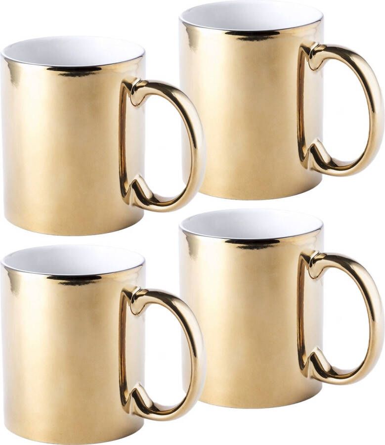 Bellatio Design Koffie mokken bekers 4x keramiek met oor metallic goud 350 ml Bekers