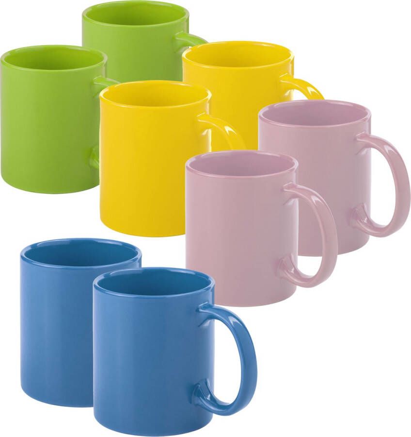 Bellatio Design Koffie mokken drinkbekers Auxerre 8x keramiek geel groen blauw roze 370 ml Bekers